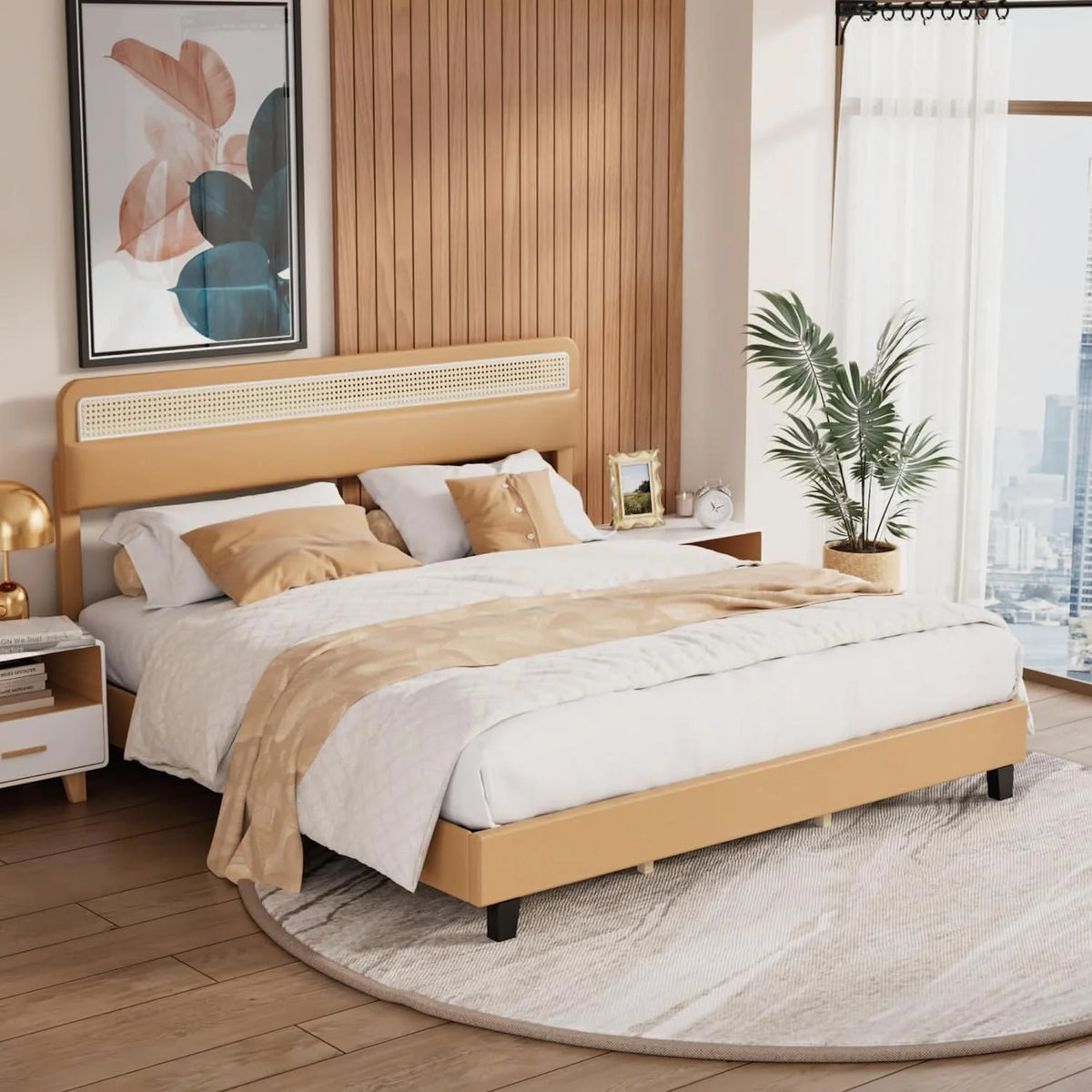 Full Size Upholstered Platform Bed Frame with Rattan Headboard O308