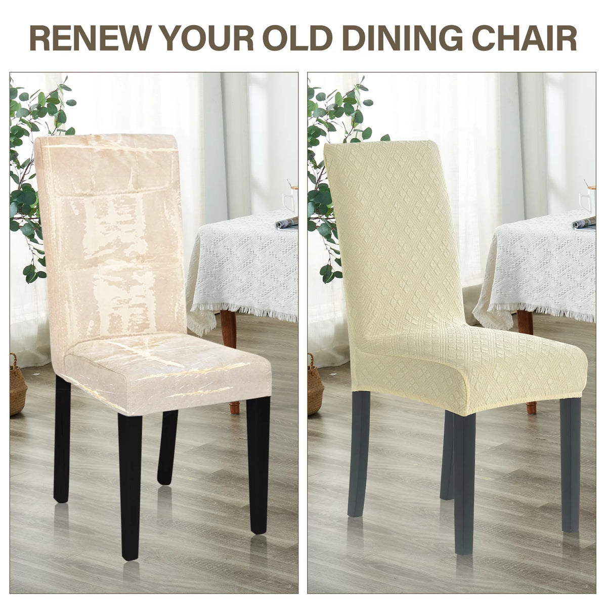 Beige Stretch Jacquard Chair Covers Set of 4 V53286