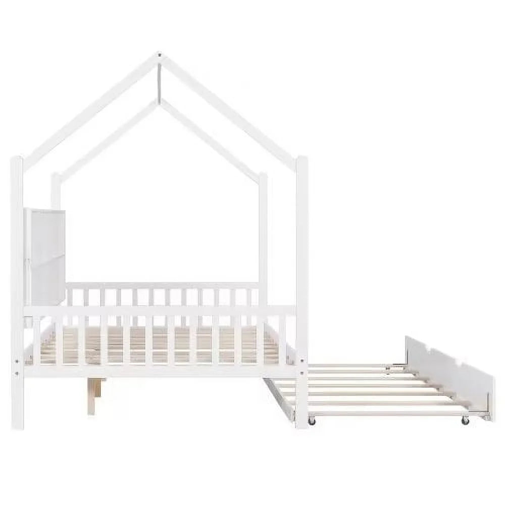 White Full Size Wood House Bed with Trundle and Shelves S670
