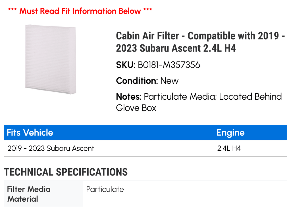 Cabin Air Filter for Subaru Ascent 2.4L H4 Q4417