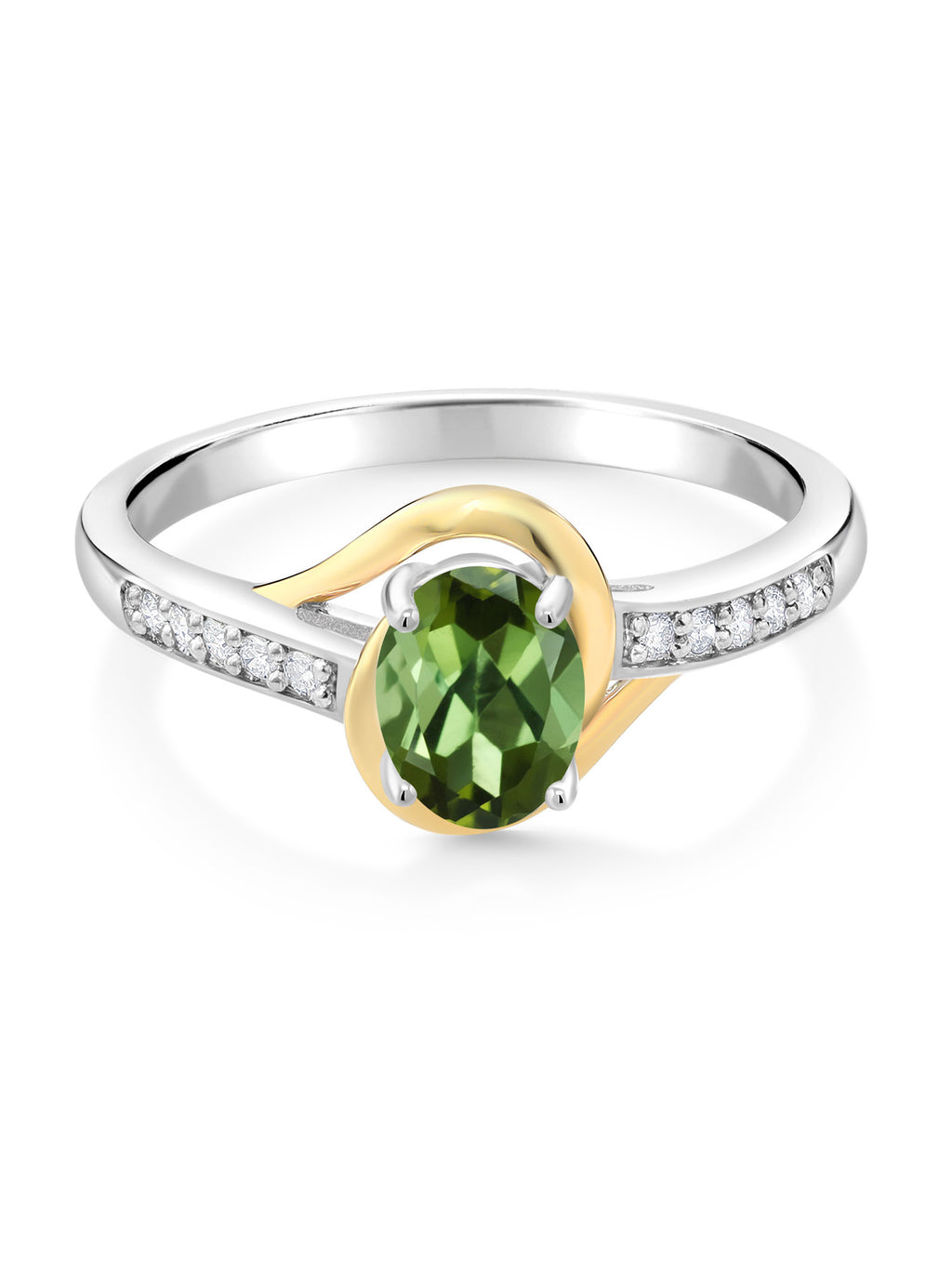 10K Yellow Gold and 925 Sterling Silver Green Tourmaline and White Lab Grown Diamond Engagement Ring A2004