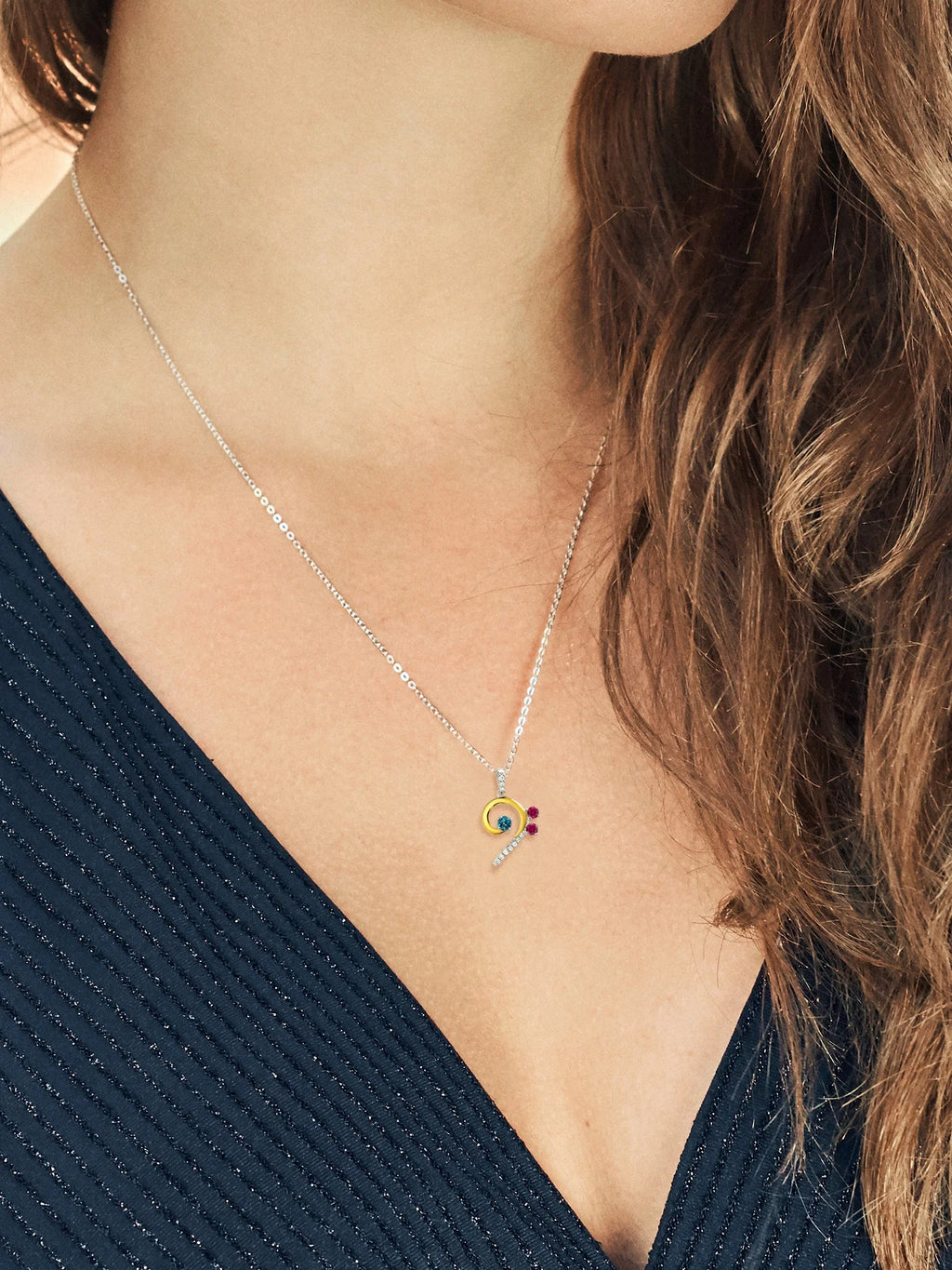 London Blue Topaz Red Created Ruby White Lab Grown Diamond Bass Clef Music Note Pendant Necklace with 18 inch Chain K4058
