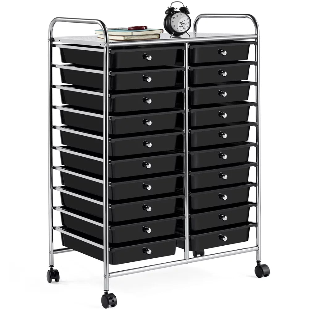 20 Drawers Metal Frame Storage Cart with Lockable Wheels, Black T72369