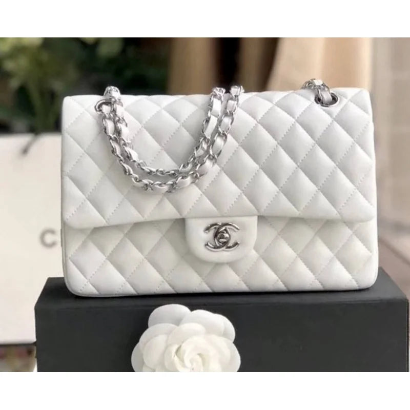 White Lambskin Leather Flap Bag P208