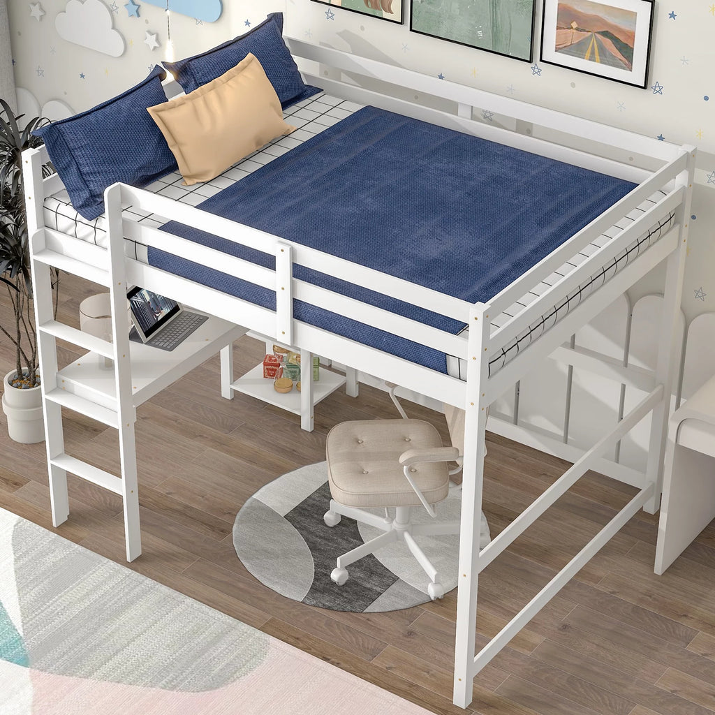 White Loft Bed with Desk and Shelves C91347