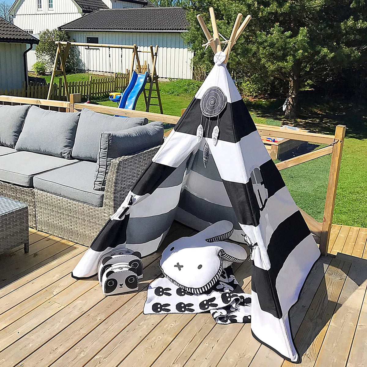 Black White Striped Kids Teepee Canvas Tent Playhouse C83086