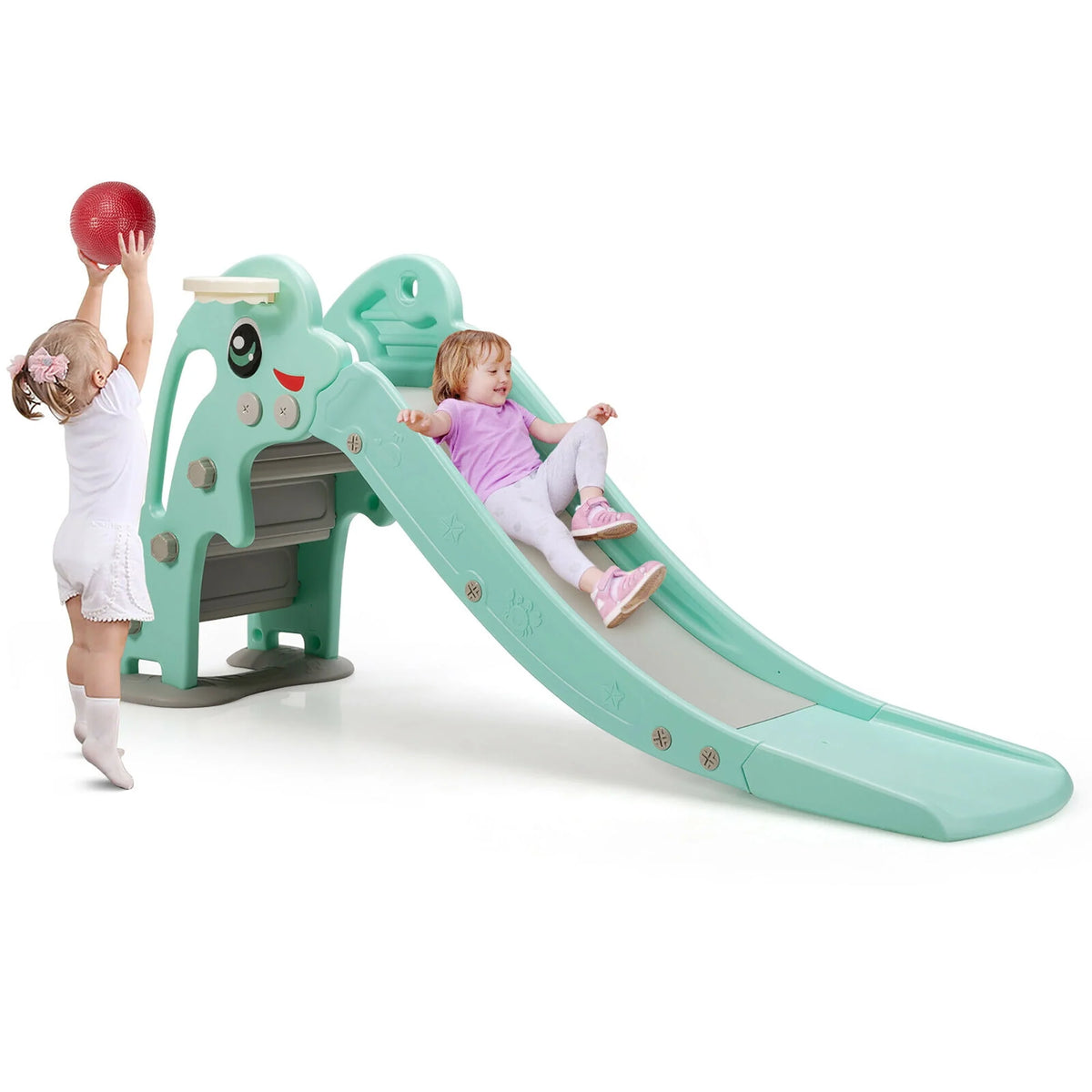 3-in-1 Kids Climber Slide Play Set with Basketball Hoop Green W3885