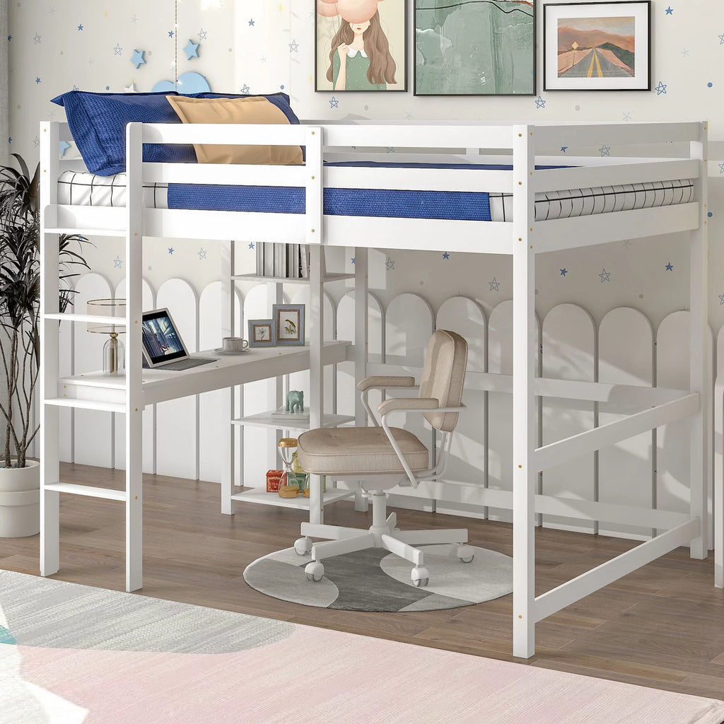 White Loft Bed with Desk and Shelves C91347