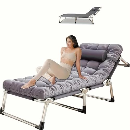 Portable Folding Camping Cot, Oversize Adjustable 5-Position Reclining Lounge Chairs with Pillow, Heavy Duty Oxford Cloth 600D with Mattress Gray S589975