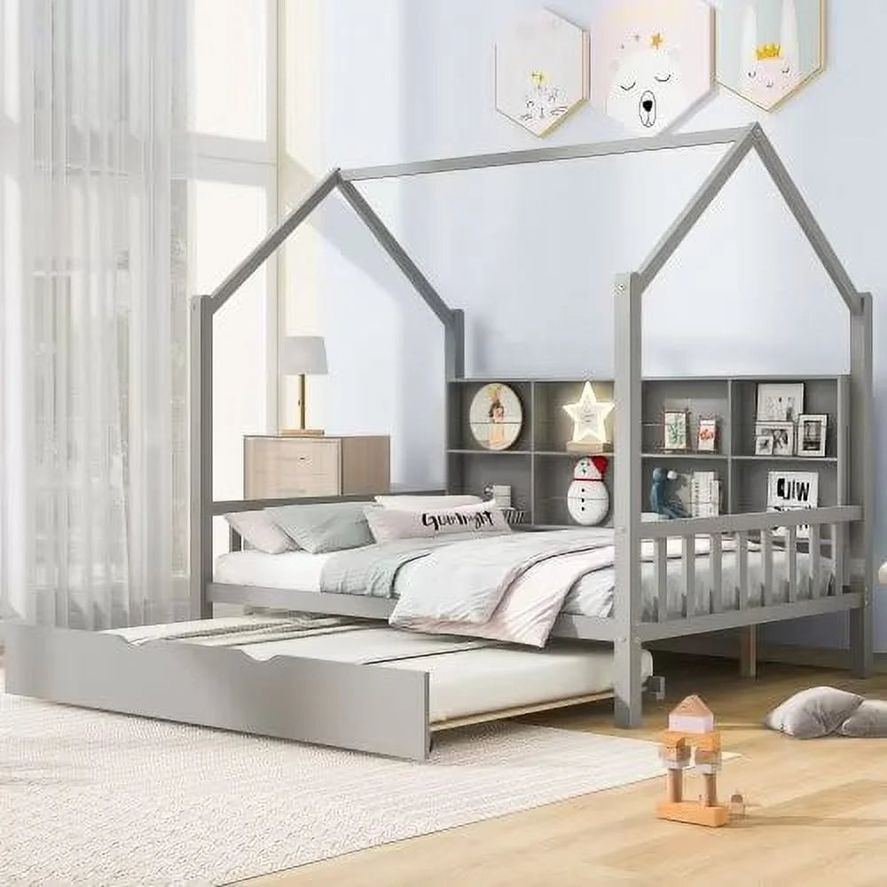 White Full Size Wood House Bed with Trundle and Shelves S670