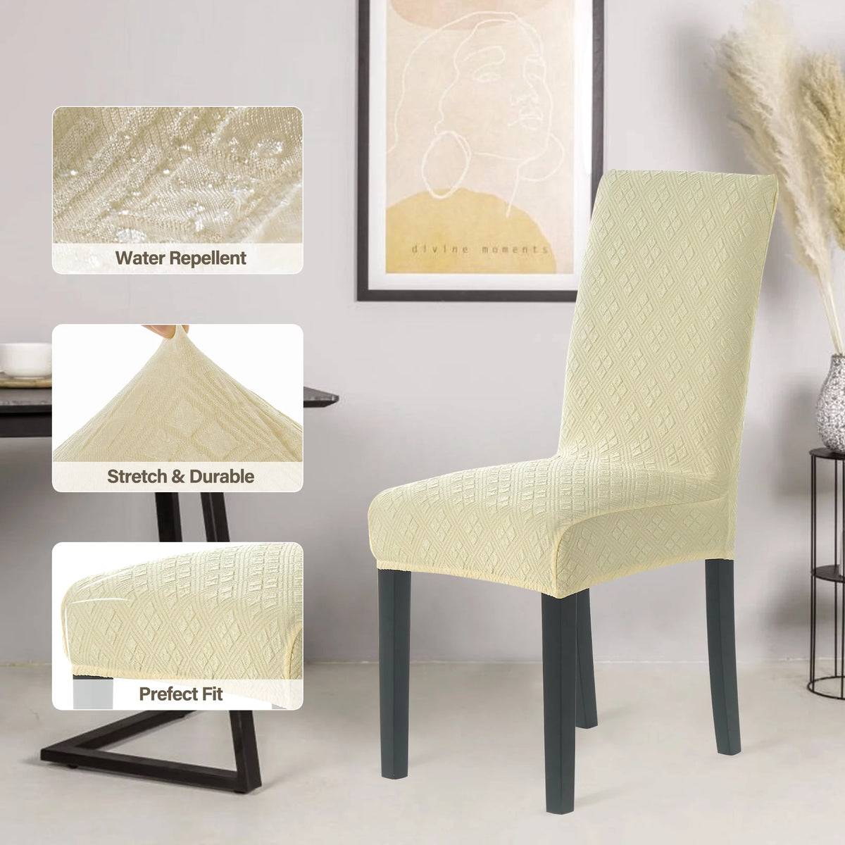 Beige Stretch Jacquard Chair Covers Set of 4 V53286