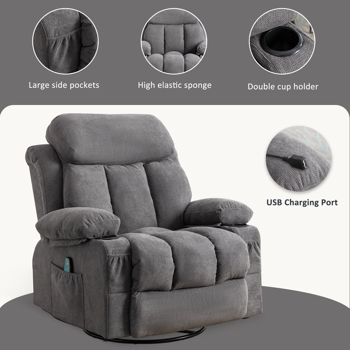 Swinging recliner massage heated sofa with USB and cup holders B2695