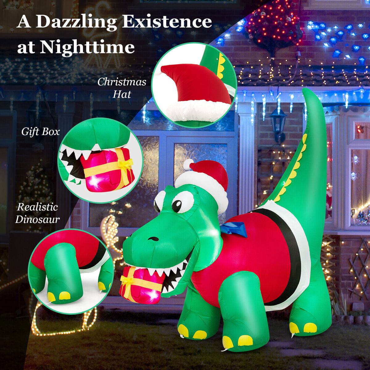 6 FT Christmas Inflatable Dinosaur with Gift Box LED Lights & Blower Z423836