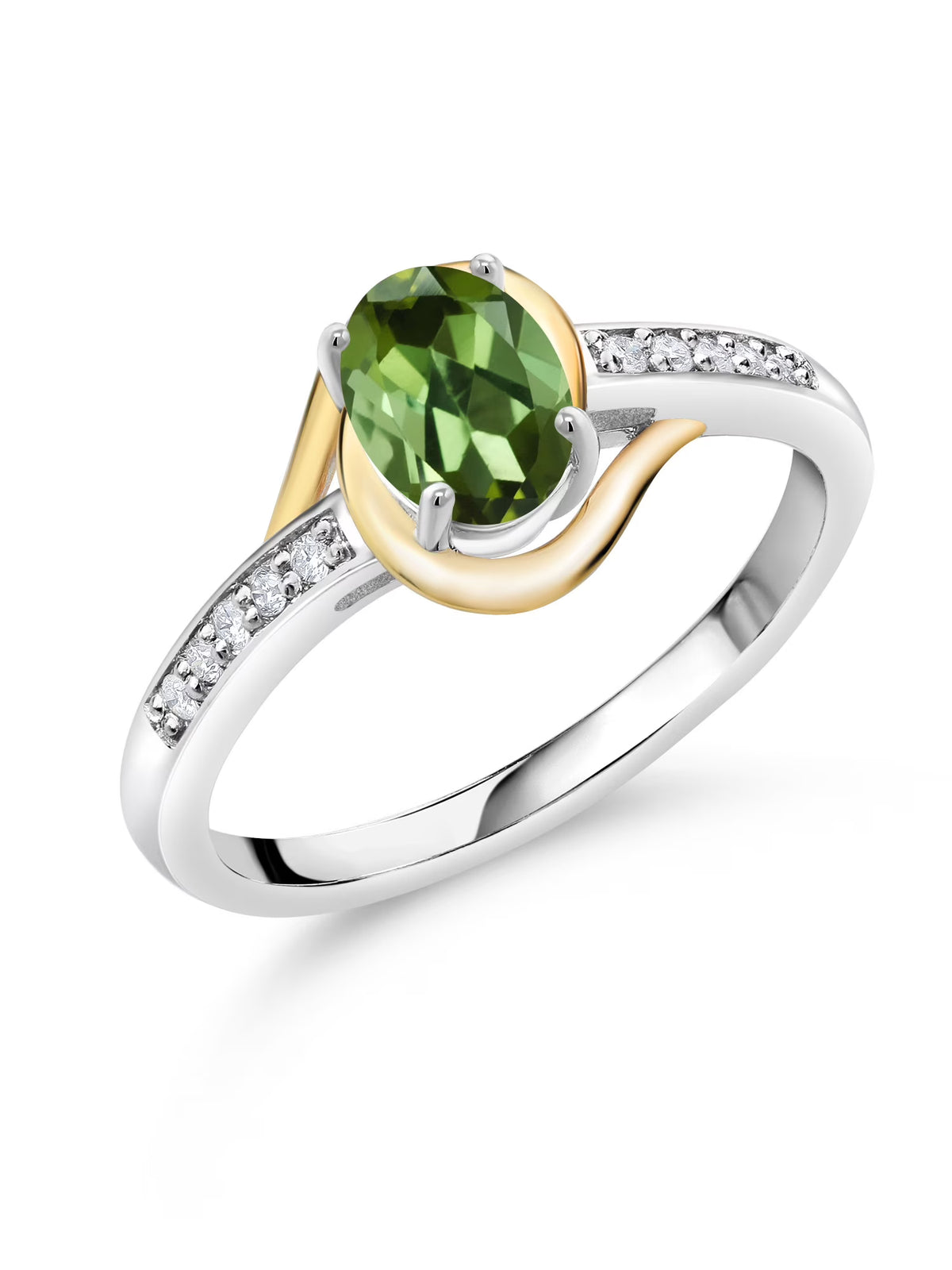 10K Yellow Gold and 925 Sterling Silver Green Tourmaline and White Lab Grown Diamond Engagement Ring A2004