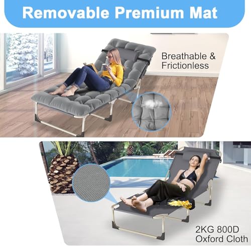 Portable Folding Camping Cot, Oversize Adjustable 5-Position Reclining Lounge Chairs with Pillow, Heavy Duty Oxford Cloth 600D with Mattress Gray S589975