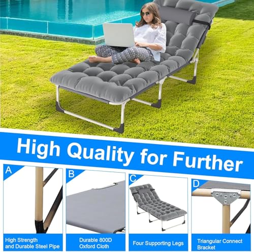 Portable Folding Camping Cot, Oversize Adjustable 5-Position Reclining Lounge Chairs with Pillow, Heavy Duty Oxford Cloth 600D with Mattress Gray S589975