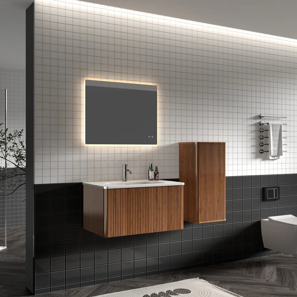 Striped Walnut Bathroom Floating Side Cabinet R389946