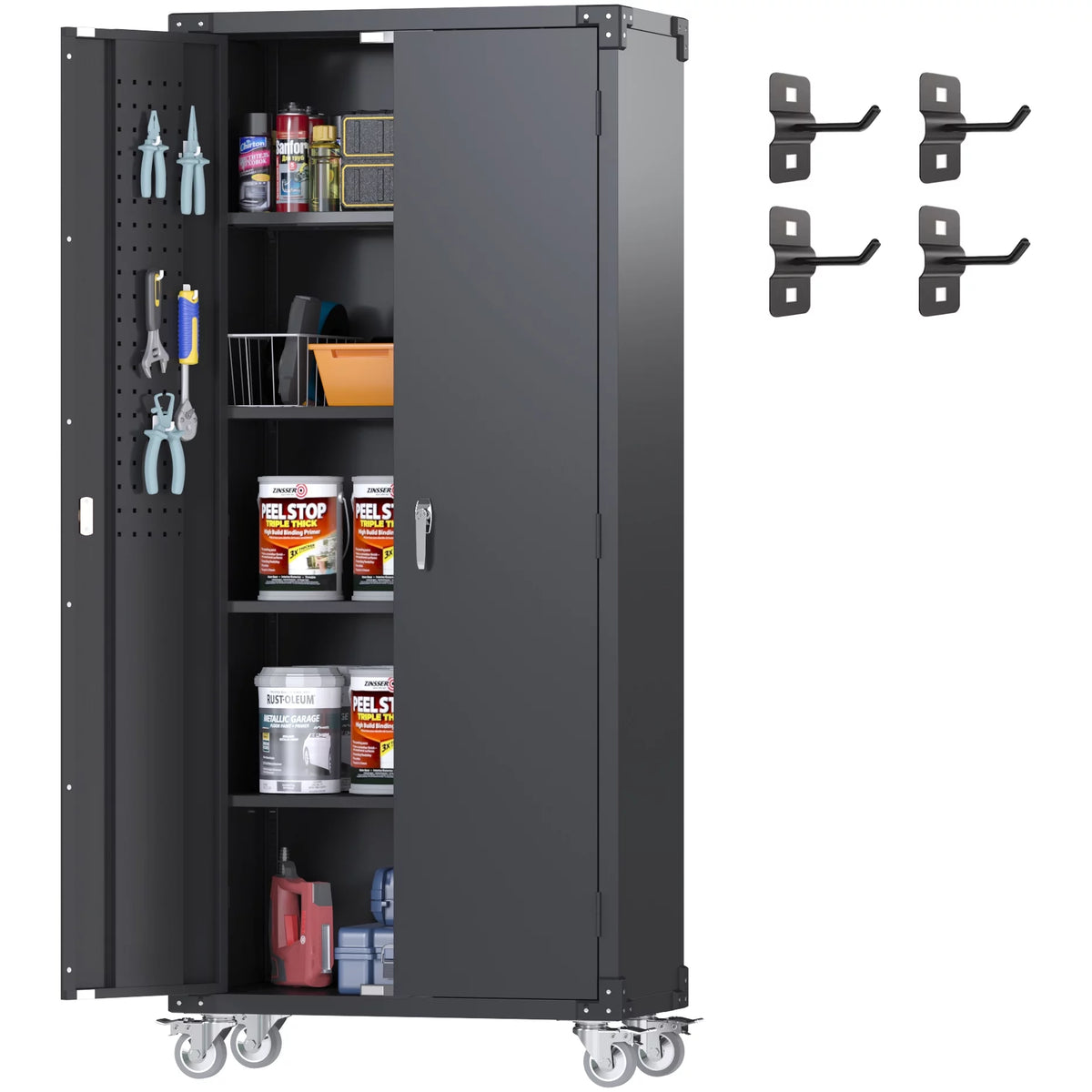 Black Metal Storage Cabinet with Wheels and Pegboard S833218