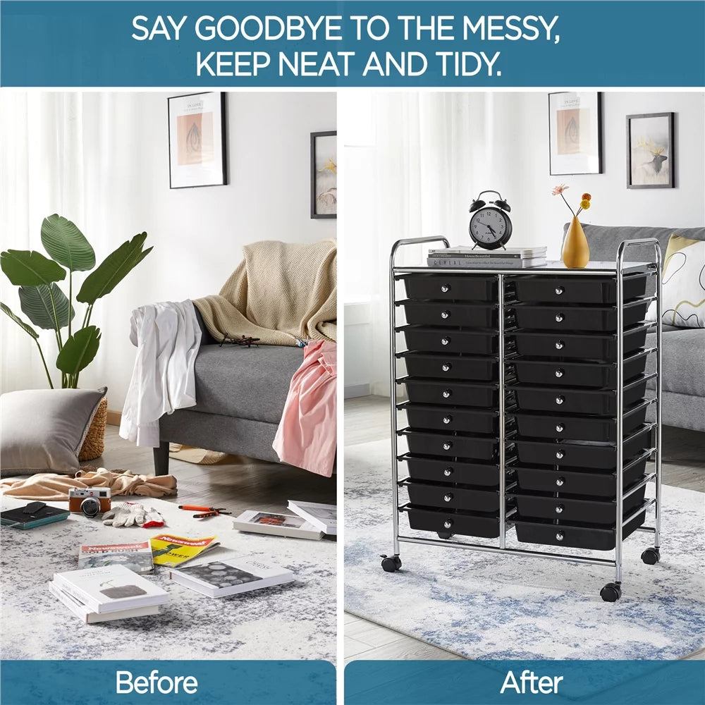 20 Drawers Metal Frame Storage Cart with Lockable Wheels, Black T72369