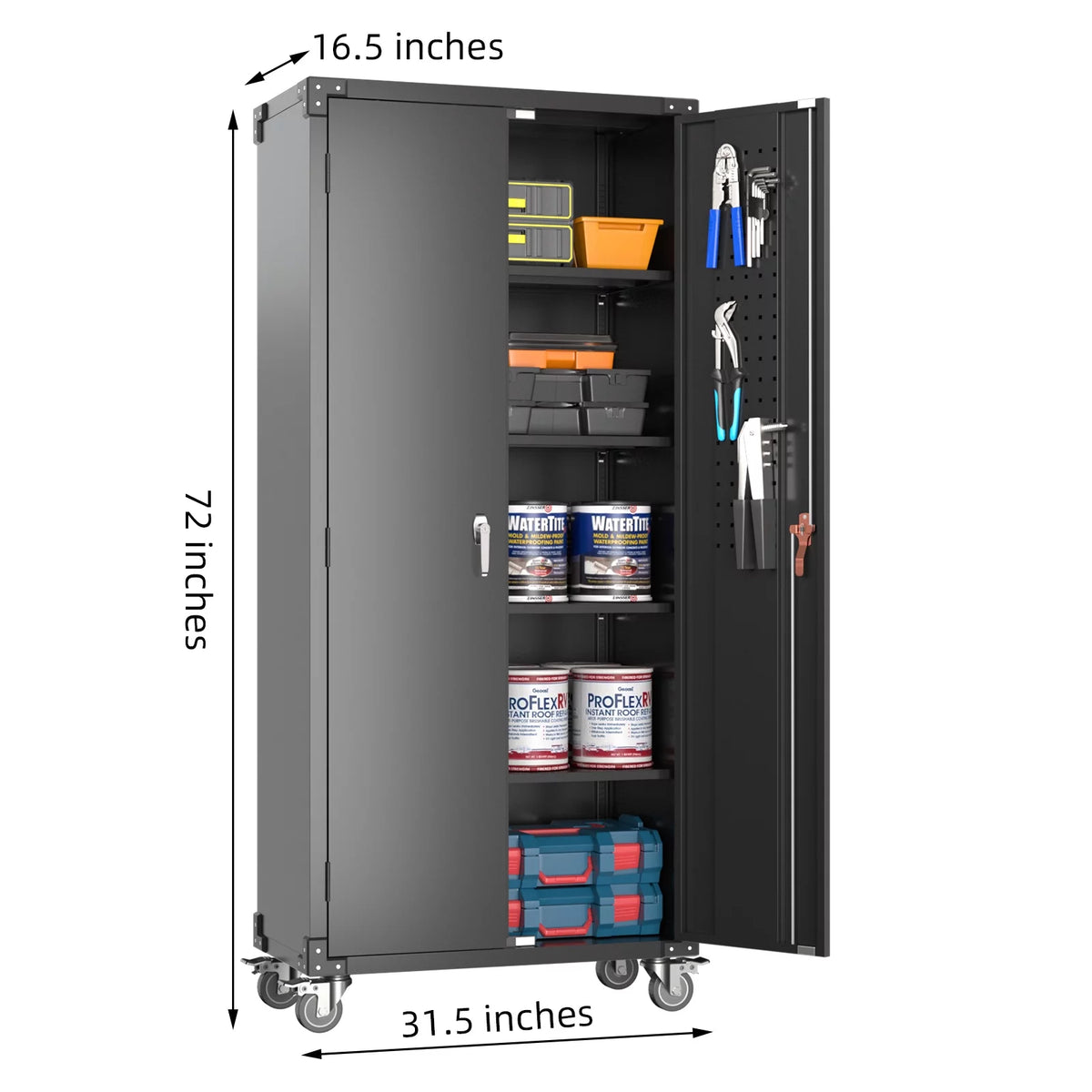 Black Metal Storage Cabinet with Wheels and Pegboard S833218