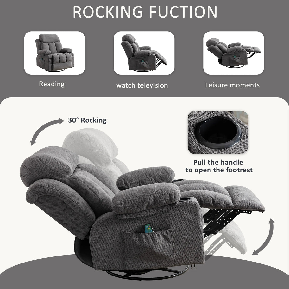 Swinging recliner massage heated sofa with USB and cup holders B2695