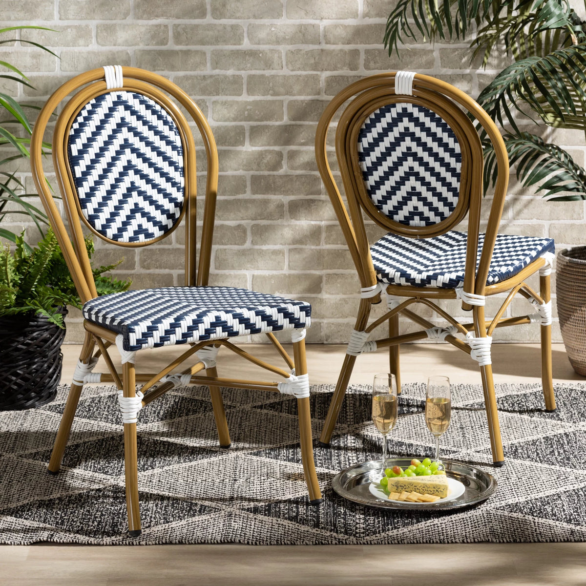 Blue and White Wicker Stacking Dining Chair Set of 2 W742059